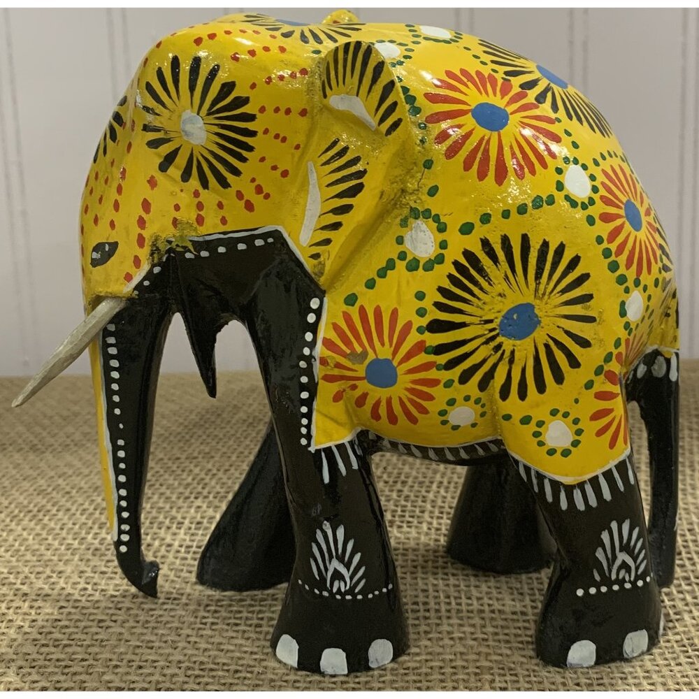 Vintage Hand-Painted Colorful Wooden Elephant Figurine With Floral Patterns & Tu